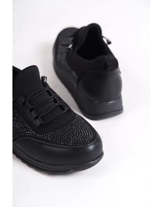 Vıolet Bağcıklı Lastikli Ortopedik Rahat Taban Taş Detaylı Klasik Kadın Babet Anne Ayakkabısı  St - Siyah