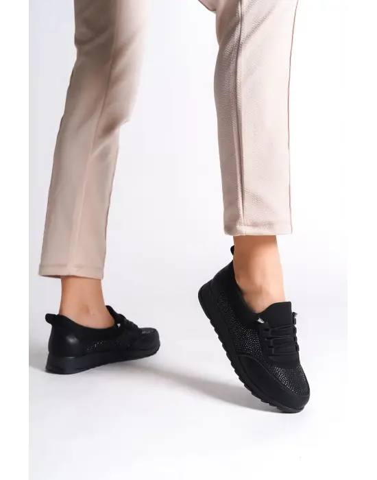 Vıolet Bağcıklı Lastikli Ortopedik Rahat Taban Taş Detaylı Klasik Kadın Babet Anne Ayakkabısı  St - Siyah