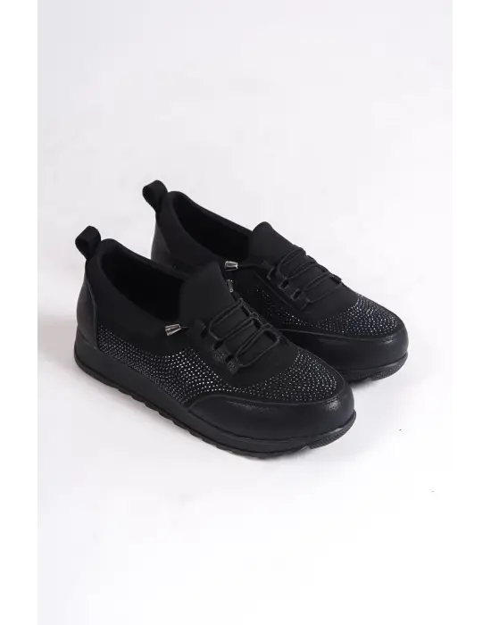 Vıolet Bağcıklı Lastikli Ortopedik Rahat Taban Taş Detaylı Klasik Kadın Babet Anne Ayakkabısı  St - Siyah