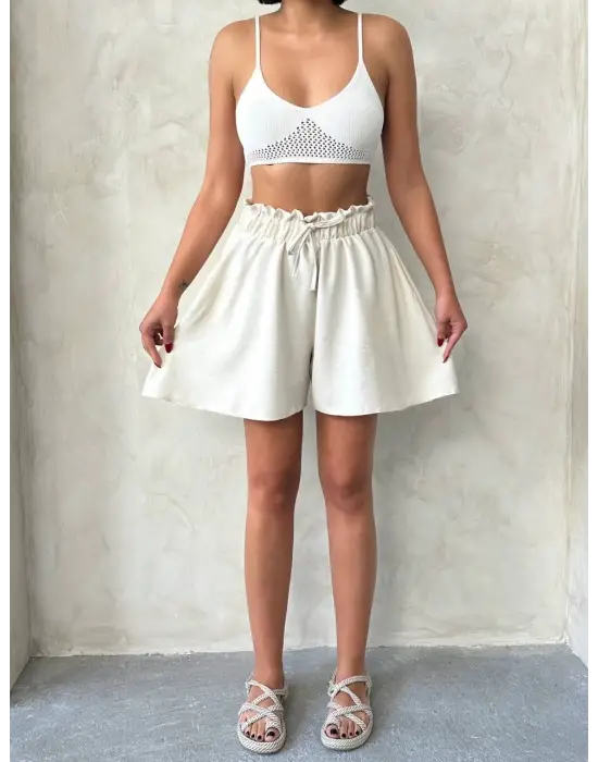 Volanlı Keten Şort Bej S255058