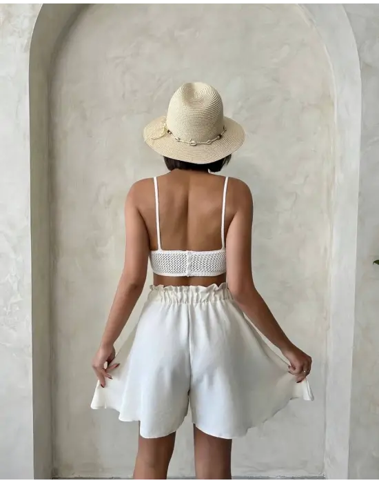 Volanlı Keten Şort Bej S255058