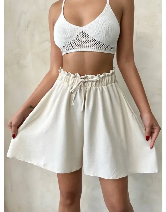 Volanlı Keten Şort Bej S255058