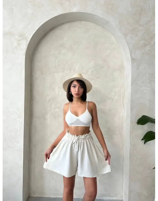 Volanlı Keten Şort Bej S255058