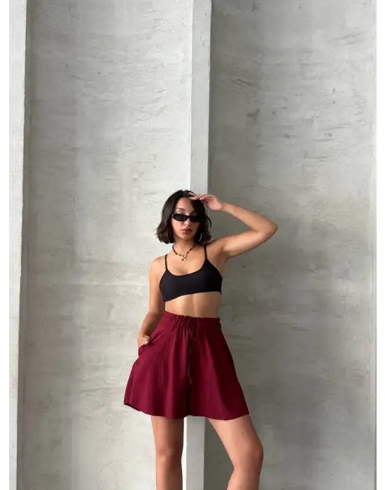 Volanlı Keten Şort Bordo S255058