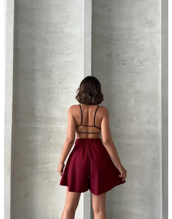 Volanlı Keten Şort Bordo S255058