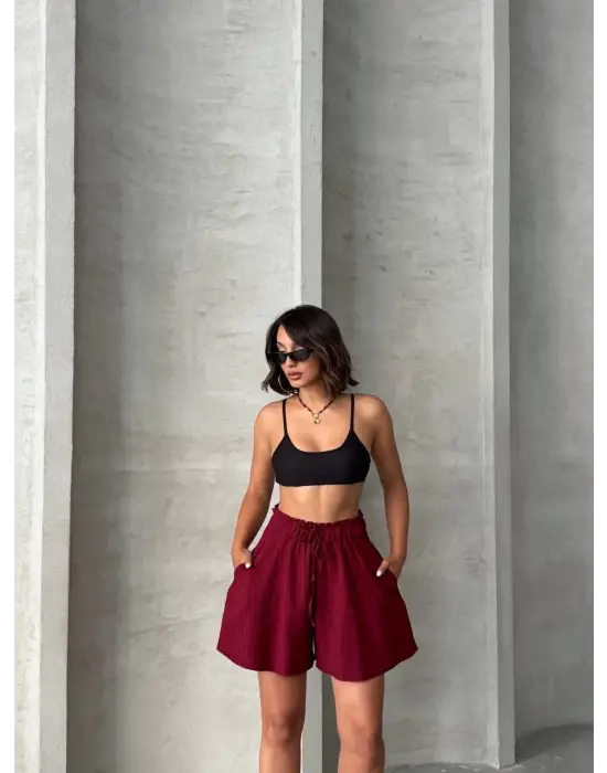 Volanlı Keten Şort Bordo S255058