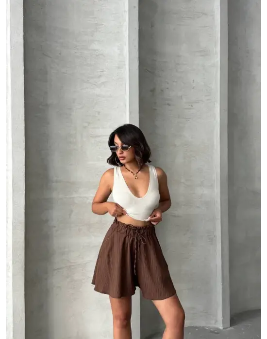 Volanlı Keten Şort Kahve S255058