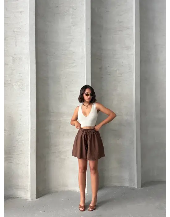 Volanlı Keten Şort Kahve S255058