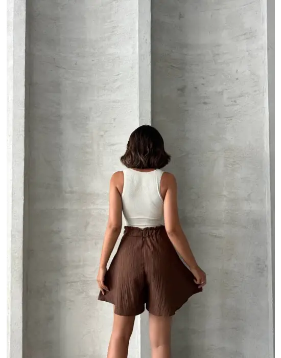 Volanlı Keten Şort Kahve S255058