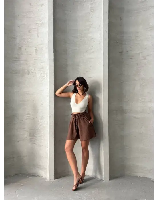 Volanlı Keten Şort Kahve S255058