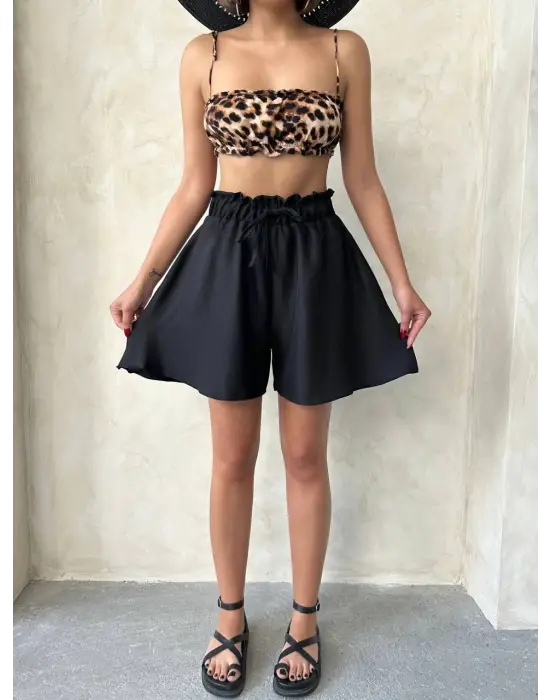 Volanlı Keten Şort Siyah S255058