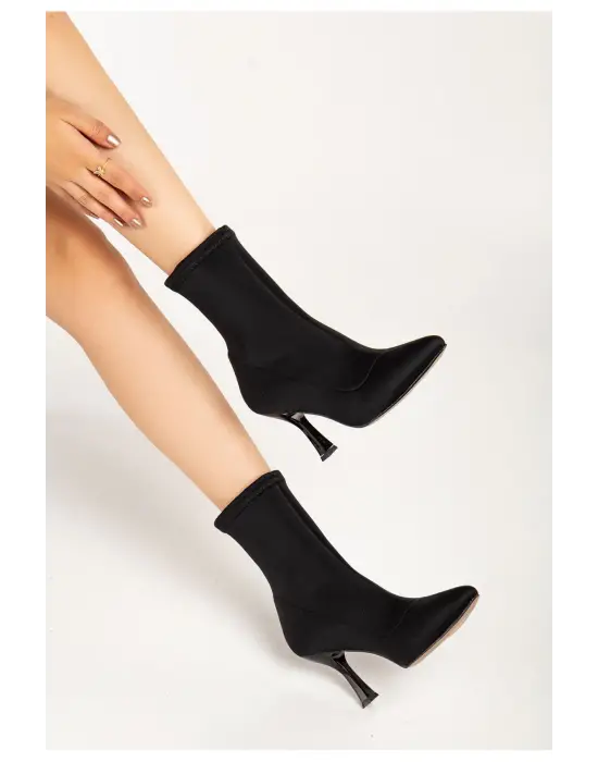 Siyah Dalgıç Yüksek İnce Topuklu Streç Kadın Bot