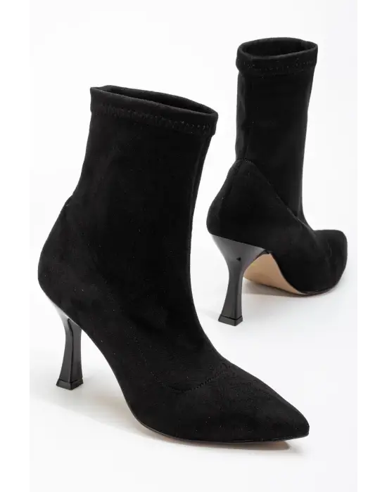 Siyah Süet Yüksek İnce Topuklu Streç Kadın Bot