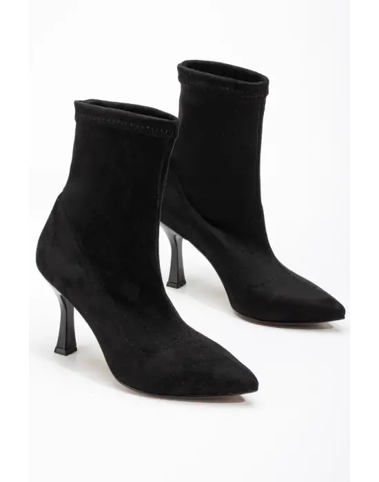 Siyah Süet Yüksek İnce Topuklu Streç Kadın Bot