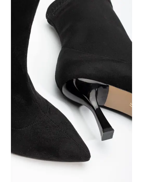 Siyah Süet Yüksek İnce Topuklu Streç Kadın Bot