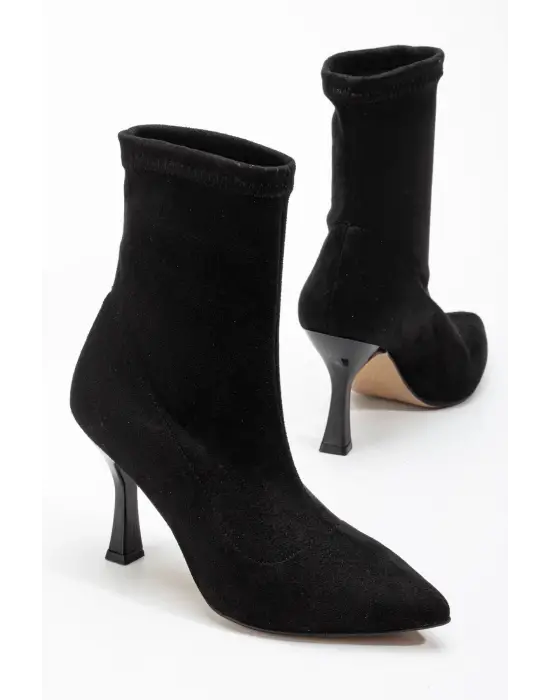 Siyah Süet Yüksek İnce Topuklu Streç Kadın Bot