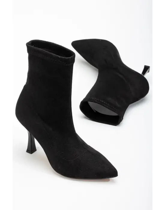 Siyah Süet Yüksek İnce Topuklu Streç Kadın Bot