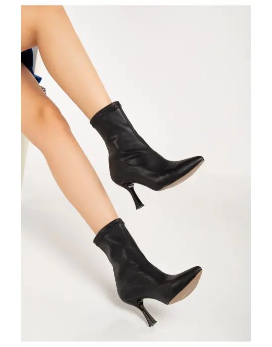 Siyah Yüksek İnce Topuklu Streç Kadın Bot