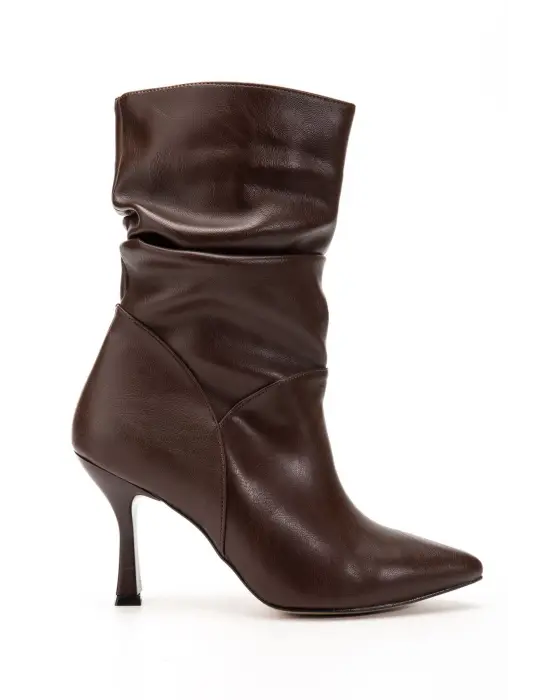 Vrt-024 Kahve Yüksek İnce Topuklu Körüklü Fermuarlı  Kadın Bot