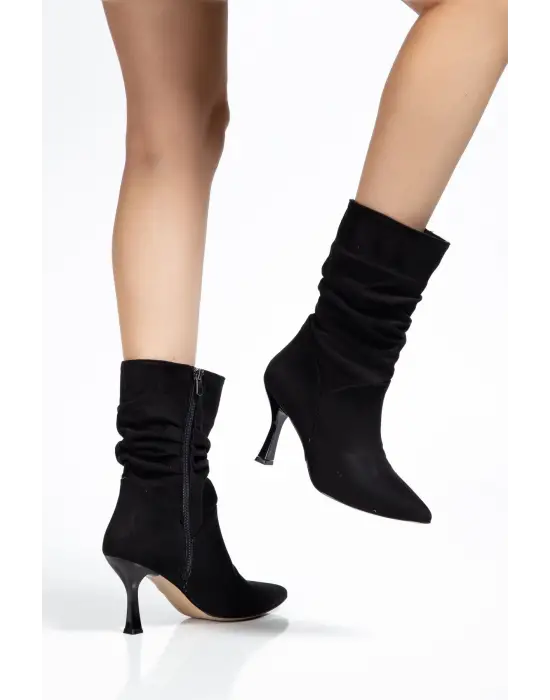 Vrt-024 Siyah Süet Yüksek İnce Topuklu Körüklü Fermuarlı  Kadın Bot