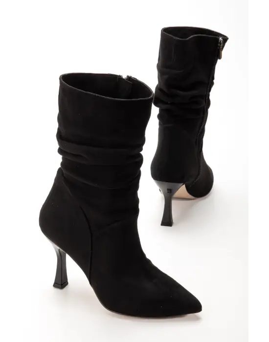 Vrt-024 Siyah Süet Yüksek İnce Topuklu Körüklü Fermuarlı  Kadın Bot