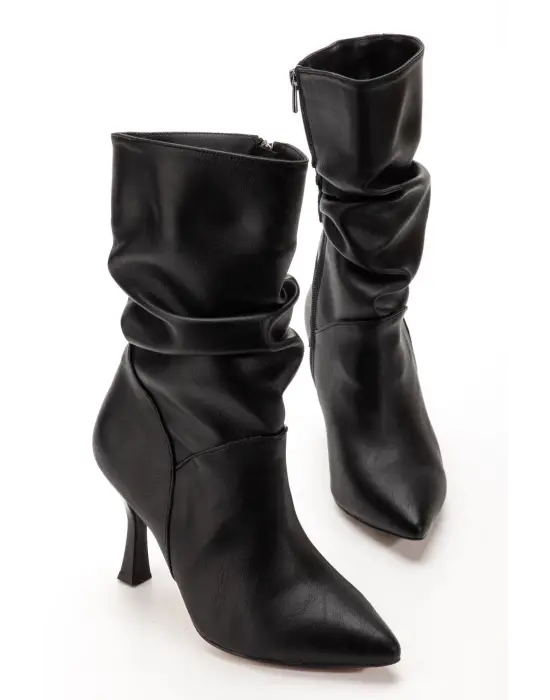 Vrt-024 Siyah Yüksek İnce Topuklu Körüklü Fermuarlı  Kadın Bot