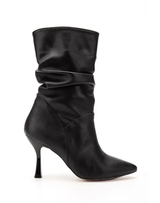 Vrt-024 Siyah Yüksek İnce Topuklu Körüklü Fermuarlı  Kadın Bot