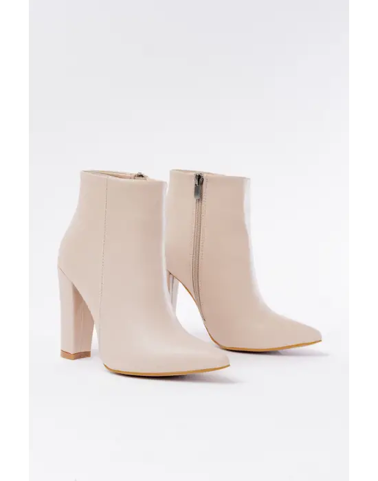 Bej Yüksek Topuklu Fermuarlı Kadın Bot
