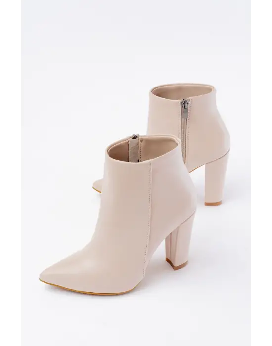 Bej Yüksek Topuklu Fermuarlı Kadın Bot