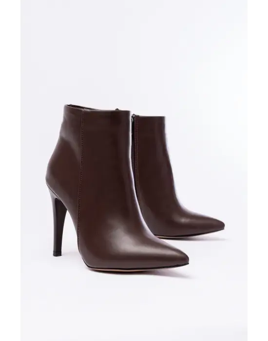 Kahverengi Yüksek İnce Topuklu Fermuarlı Kadın Bot