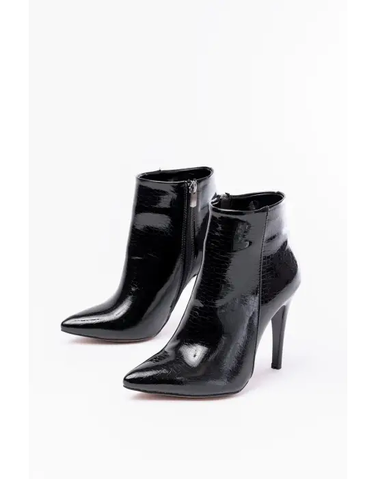 Siyah Kroko Yüksek İnce Topuklu Fermuarlı Kadın Bot