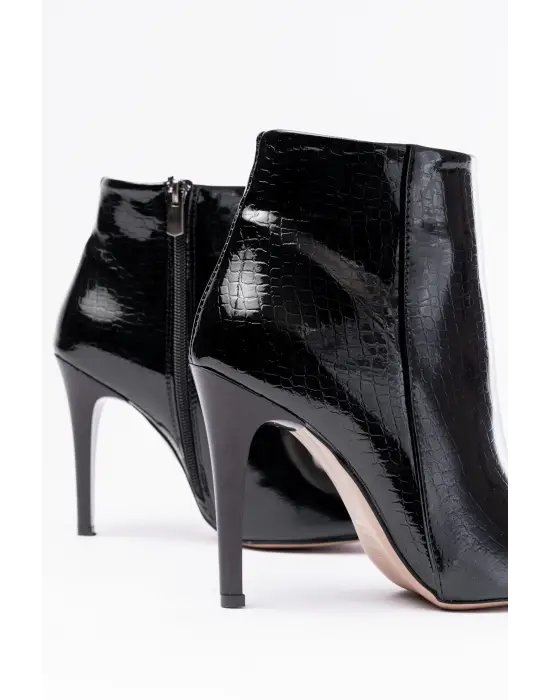 Siyah Kroko Yüksek İnce Topuklu Fermuarlı Kadın Bot