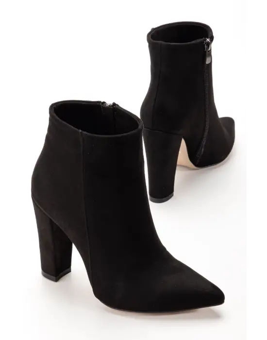 Vrt-4801 Siyah Süet Yüksek Kalın Topuklu Fermuarlı Kadın Bot