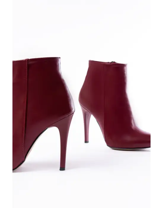 Bordo Yüksek İnce Topuklu Fermuarlı Kadın Bot