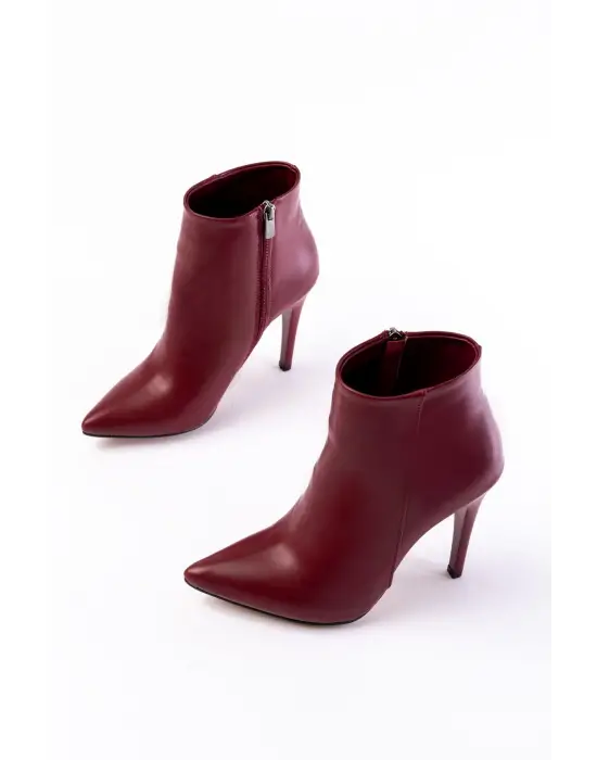 Bordo Yüksek İnce Topuklu Fermuarlı Kadın Bot