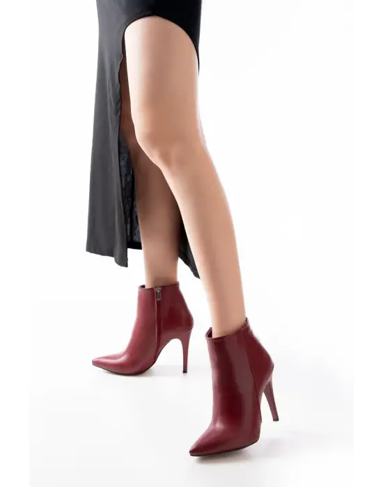 Bordo Yüksek İnce Topuklu Fermuarlı Kadın Bot