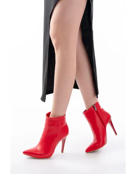 Vrt-4802 Kırmızı Yüksek İnce Topuklu Fermuarlı Kadın Bot