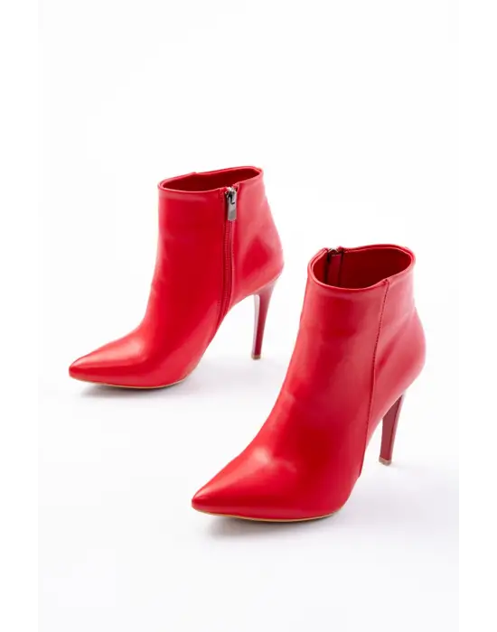 Vrt-4802 Kırmızı Yüksek İnce Topuklu Fermuarlı Kadın Bot