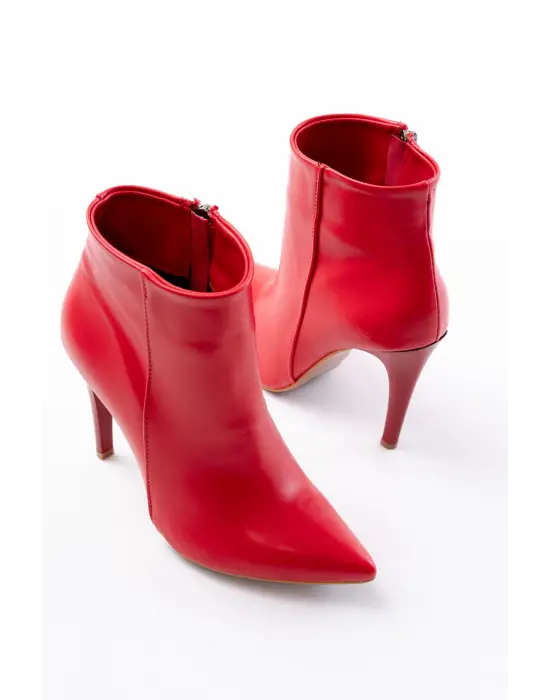 Vrt-4802 Kırmızı Yüksek İnce Topuklu Fermuarlı Kadın Bot