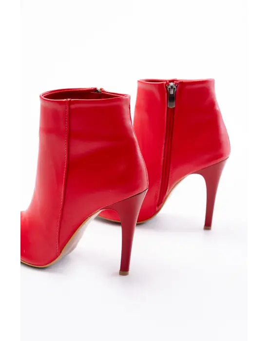 Vrt-4802 Kırmızı Yüksek İnce Topuklu Fermuarlı Kadın Bot