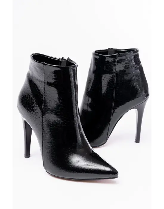 Siyah Kroko Yüksek İnce Topuklu Fermuarlı Kadın Bot