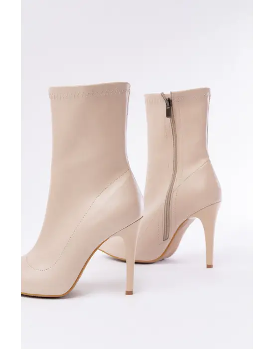 Bej Yüksek İnce Topuklu Fermuarlı Kadın Bot