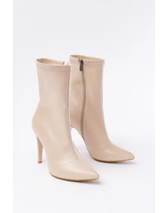 Bej Yüksek İnce Topuklu Fermuarlı Kadın Bot