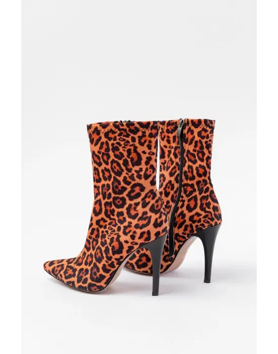 Leopar Yüksek İnce Topuklu Fermuarlı Kadın Bot