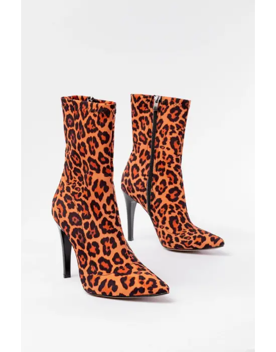 Leopar Yüksek İnce Topuklu Fermuarlı Kadın Bot