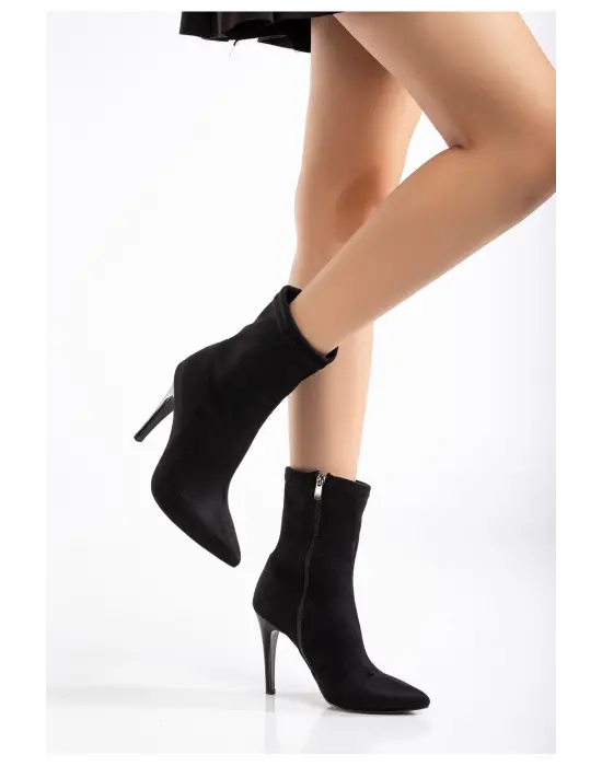 Siyah Süet Yüksek İnce Topuklu Fermuarlı Kadın Bot