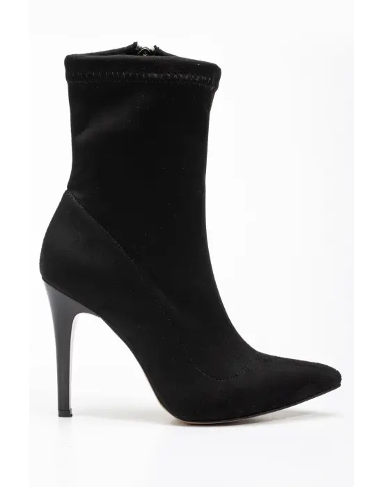Siyah Süet Yüksek İnce Topuklu Fermuarlı Kadın Bot