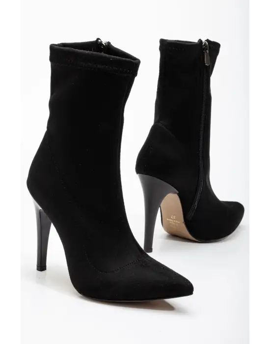 Siyah Süet Yüksek İnce Topuklu Fermuarlı Kadın Bot