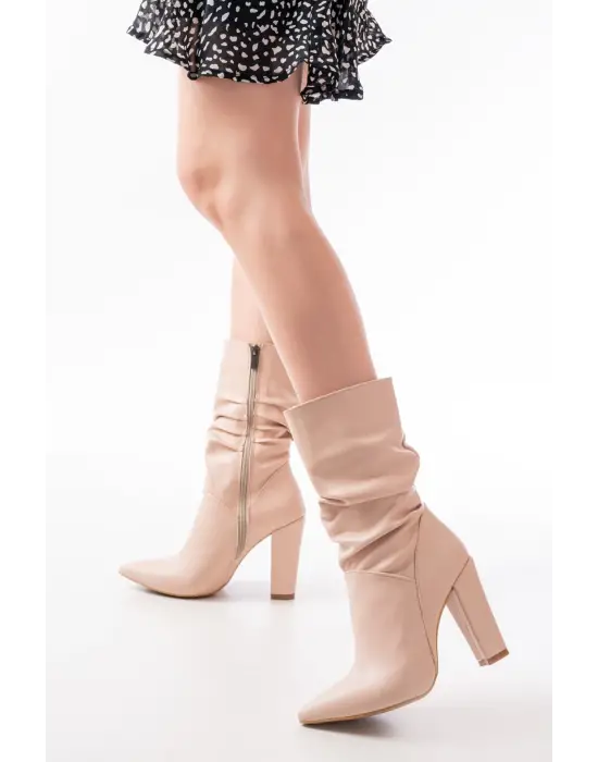Bej Yüksek Kalın Topuklu Körüklü Fermuarlı Kadın Bot