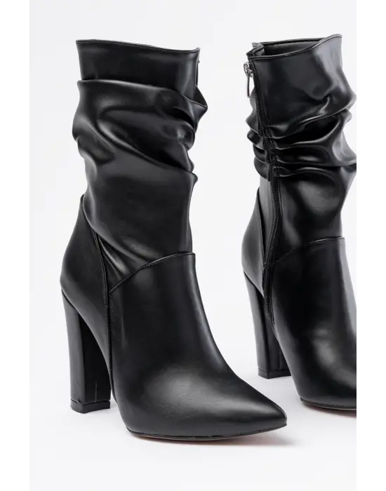 Siyah Yüksek Kalın Topuklu Körüklü Fermuarlı Kadın Bot